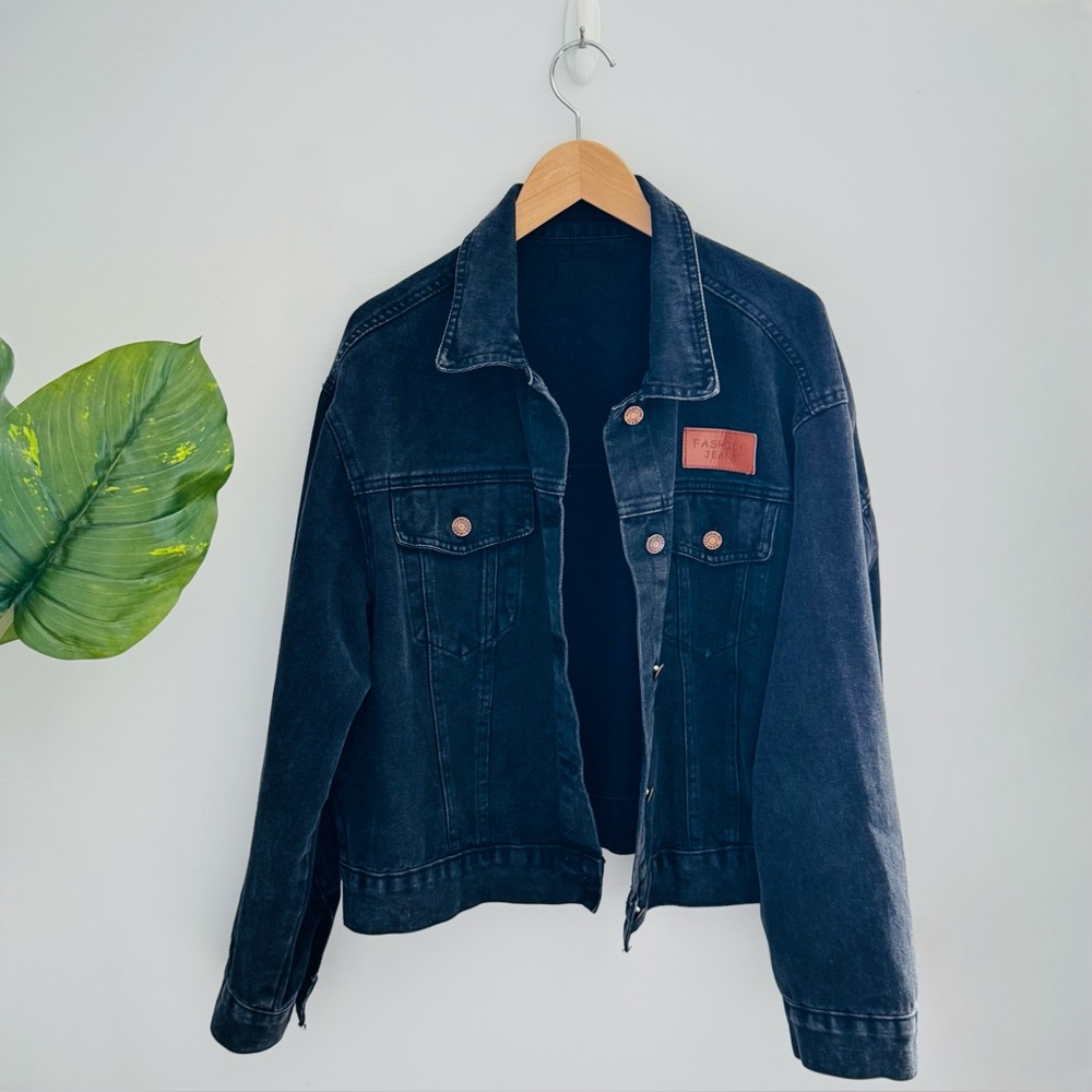 SHEIN | Black Denim Jacket With Brown Patch Size Medium